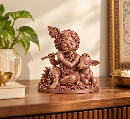 Bal Krishna playing flute with cow idol styled on a wooden console