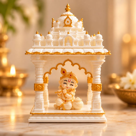Miniature mandir with Bal Krishna idol styled in a home pooja corner