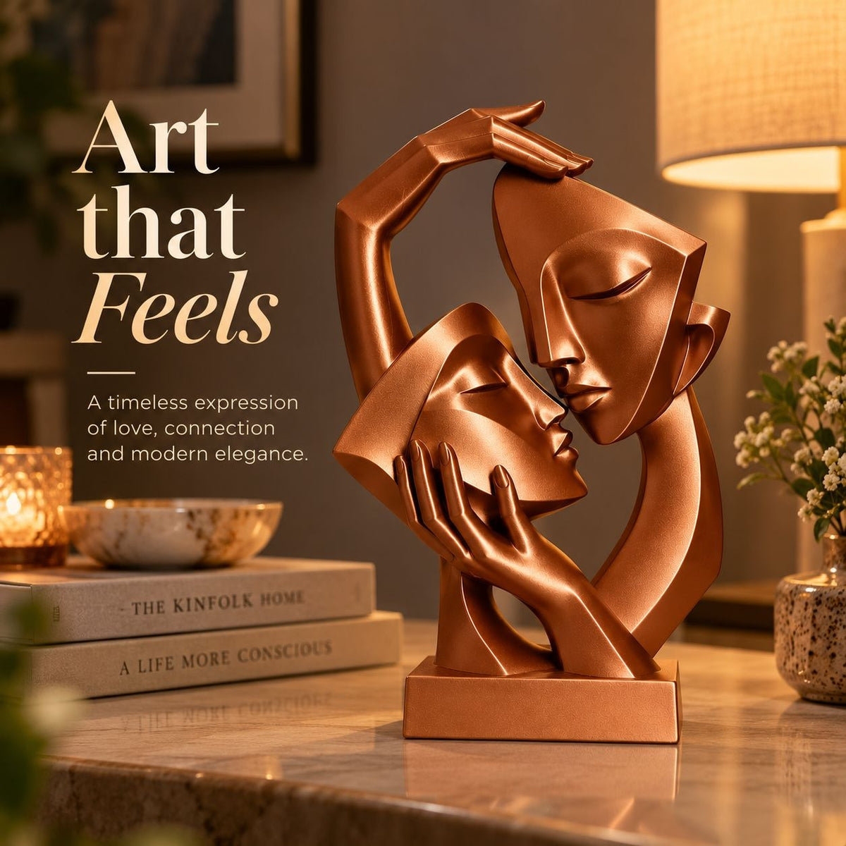 Abstract couple face sculpture on a marble table in warm evening light
