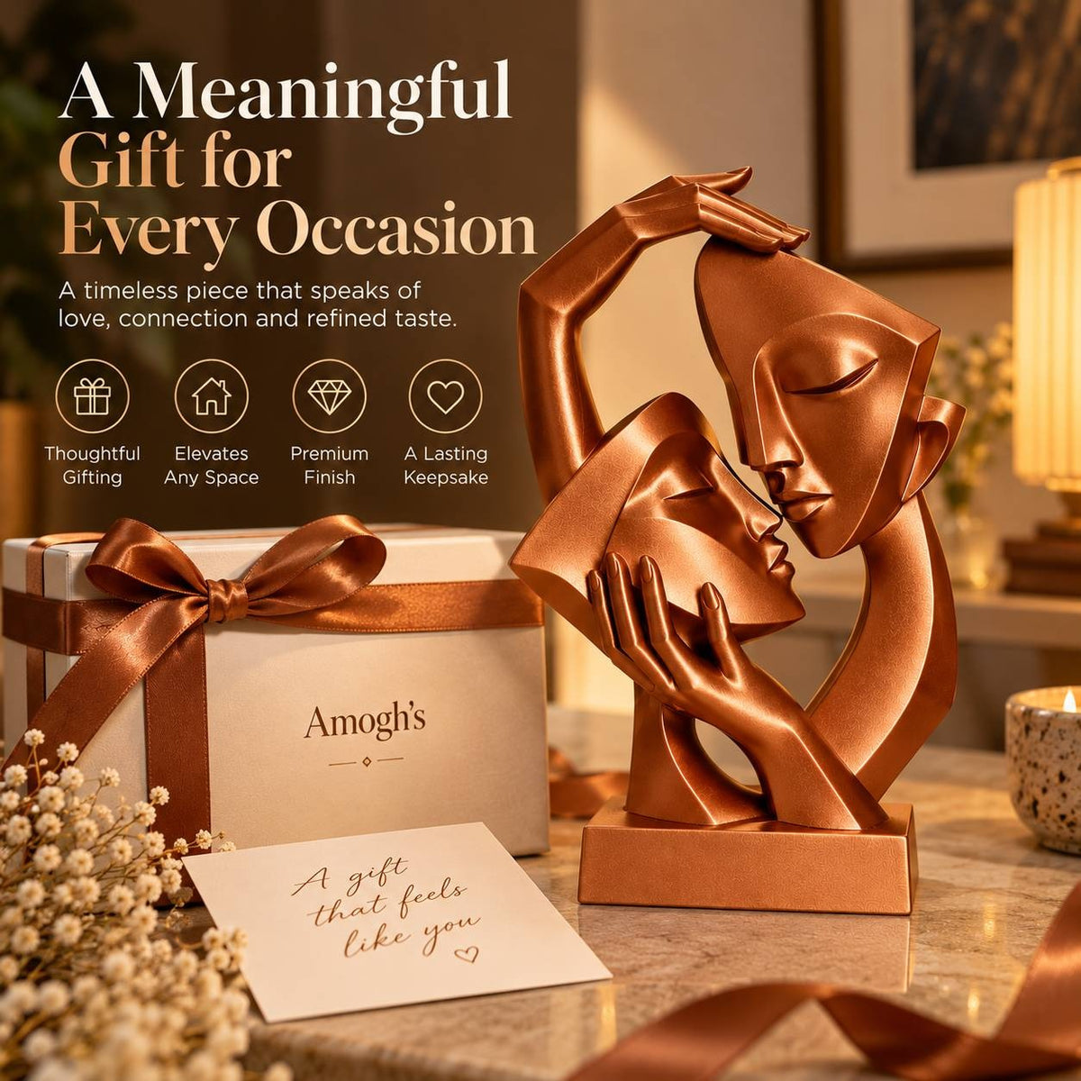 Abstract couple sculpture with Amogh's gift box, a romantic anniversary gift