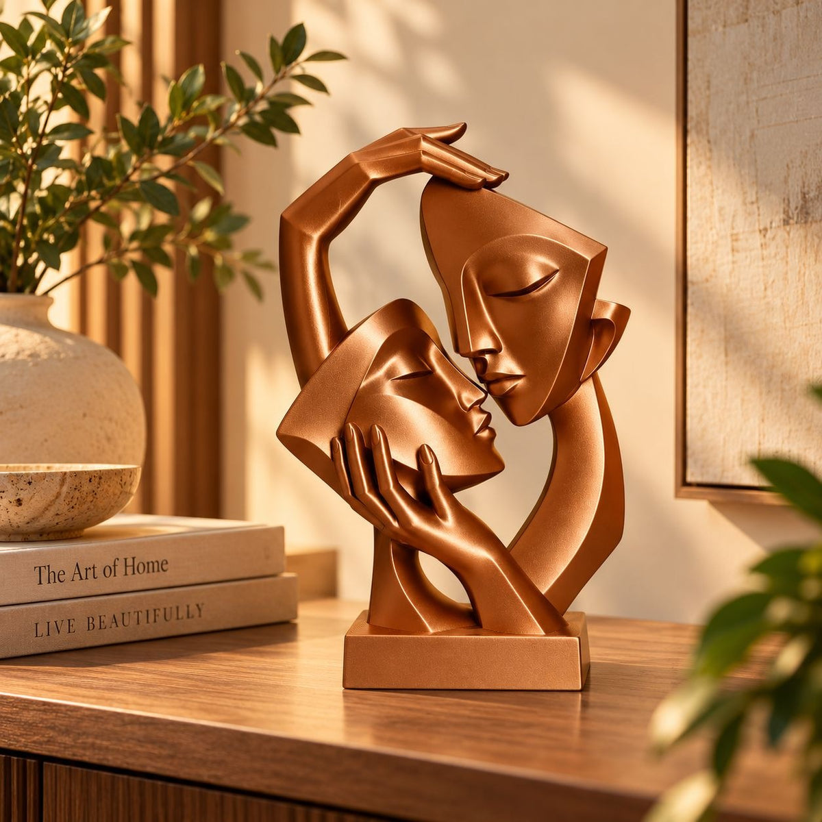 Copper abstract couple sculpture on a wooden console with books and plant