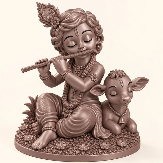 Bal Krishna with Cow idol in Sunset Bronze finish – 3D printed spiritual decor by Amogh's
