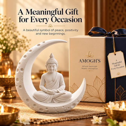 Buddha on crescent moon statue with Amogh's gift box – a meaningful gift for every occasion