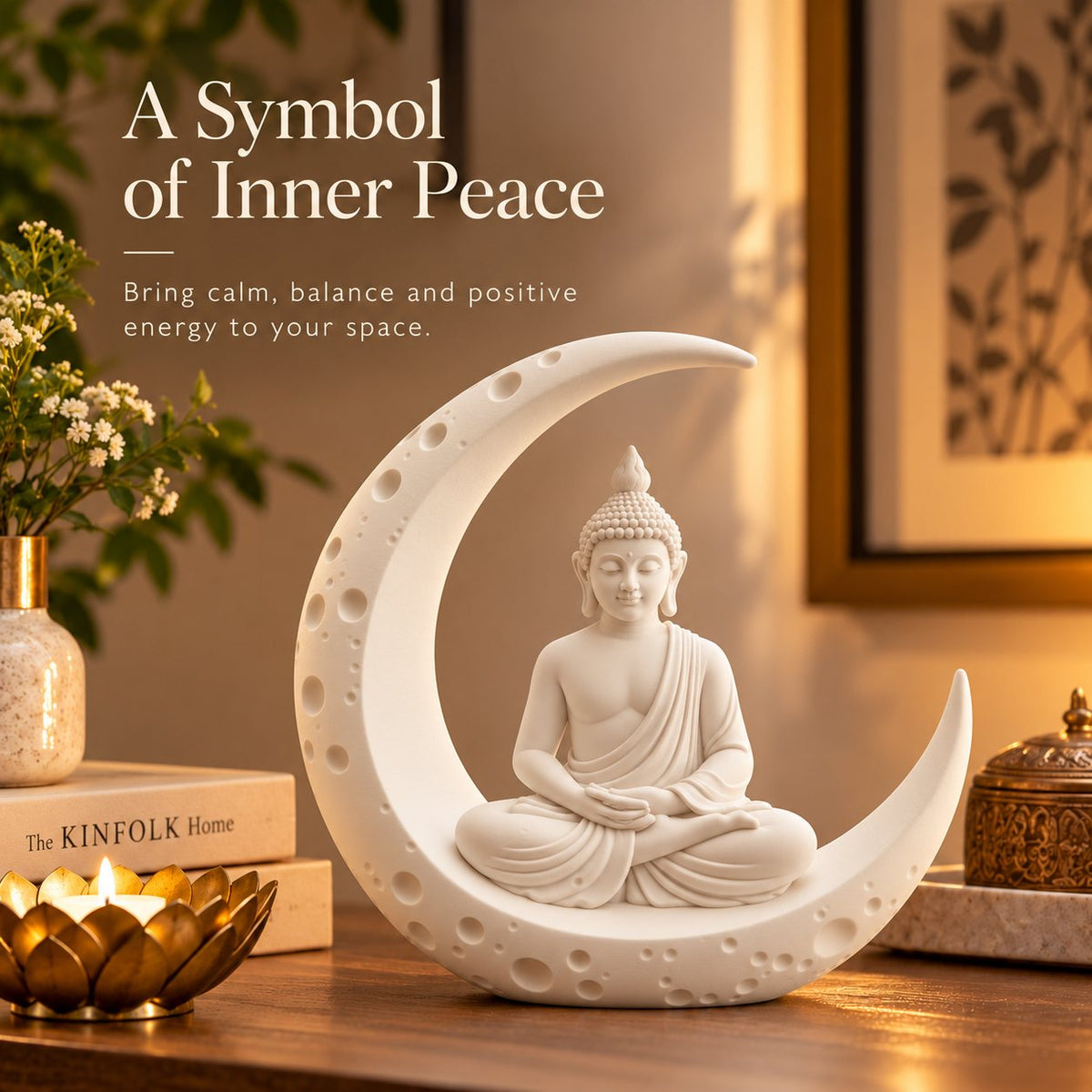 Buddha on crescent moon décor in a warm living room – A Symbol of Inner Peace