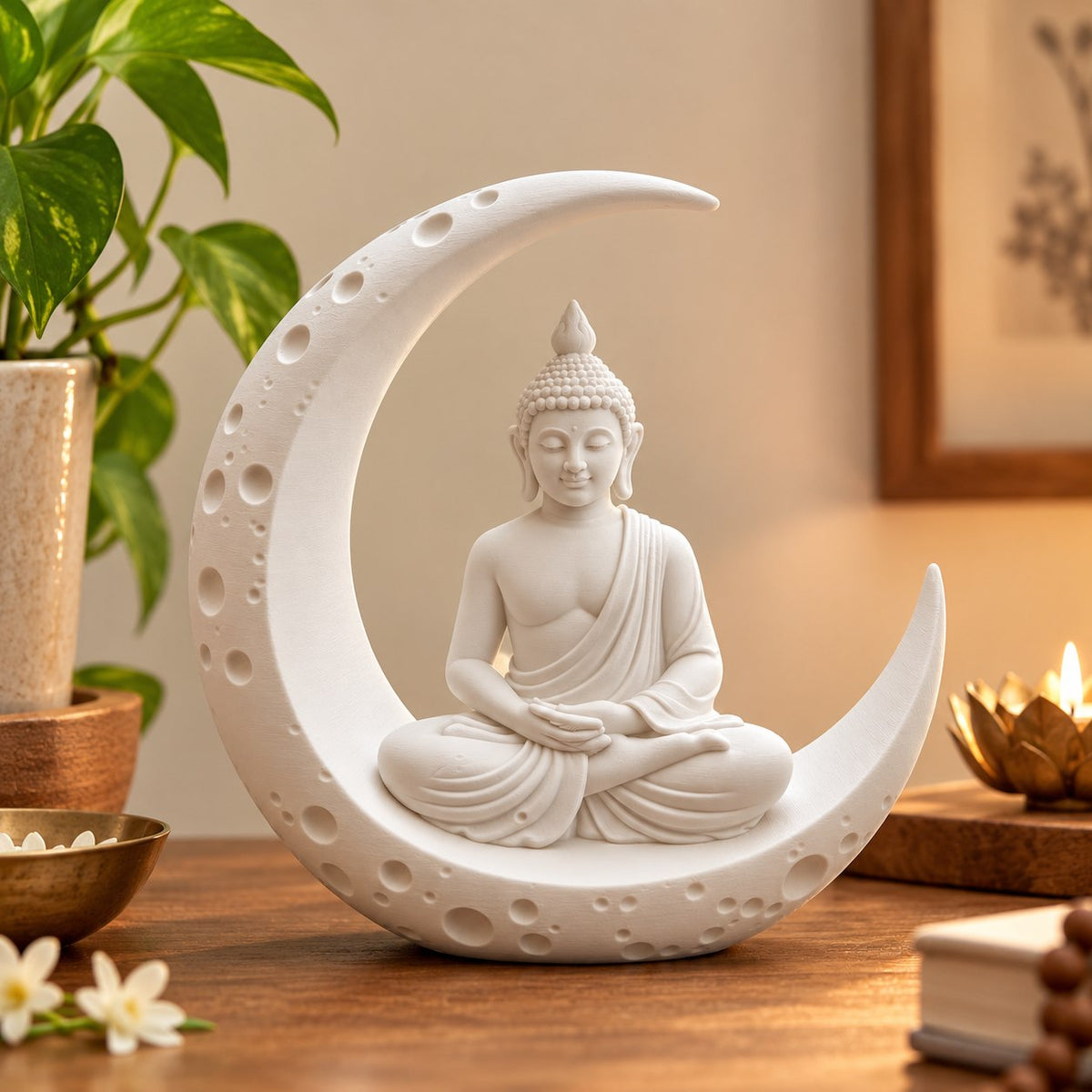 White Buddha moon statue on a wooden console with a plant and diya