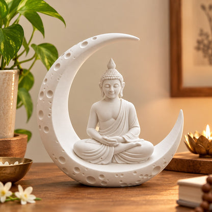 White Buddha moon statue on a wooden console with a plant and diya