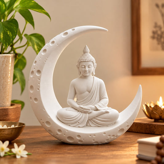 White Buddha moon statue on a wooden console with a plant and diya