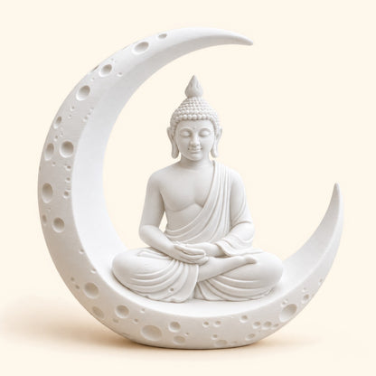Meditating Buddha on crescent moon statue in natural white matte finish – 3D printed home décor by Amogh's