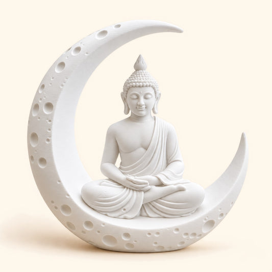 Meditating Buddha on crescent moon statue in natural white matte finish – 3D printed home décor by Amogh's