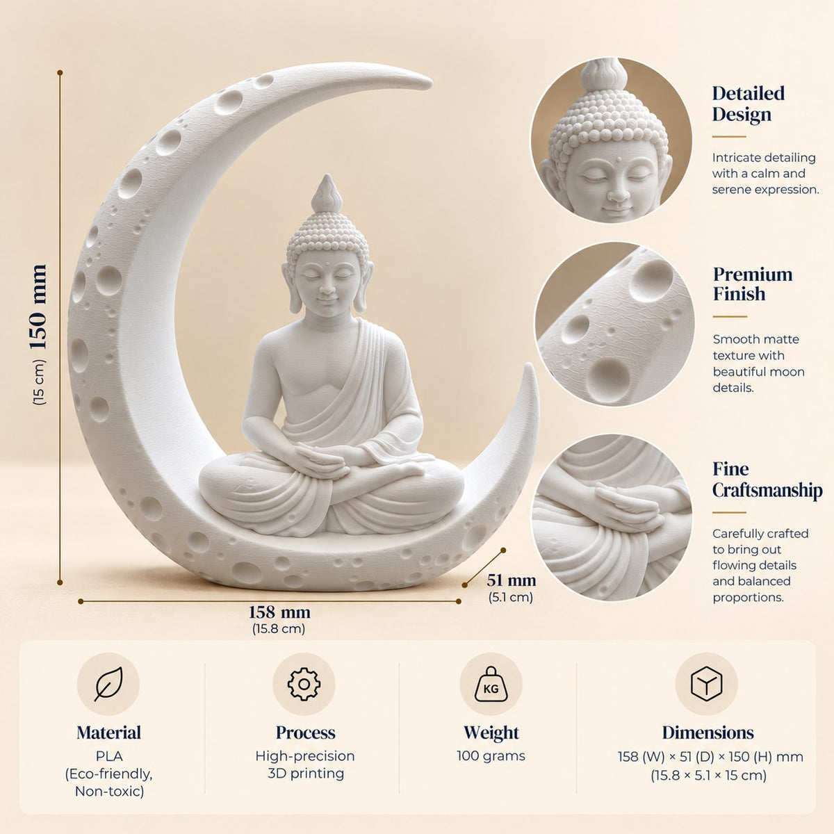 Buddha moon statue product details – 158 x 51 x 150 mm, 100 g, eco-friendly PLA