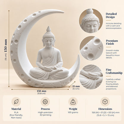 Buddha moon statue product details – 158 x 51 x 150 mm, 100 g, eco-friendly PLA