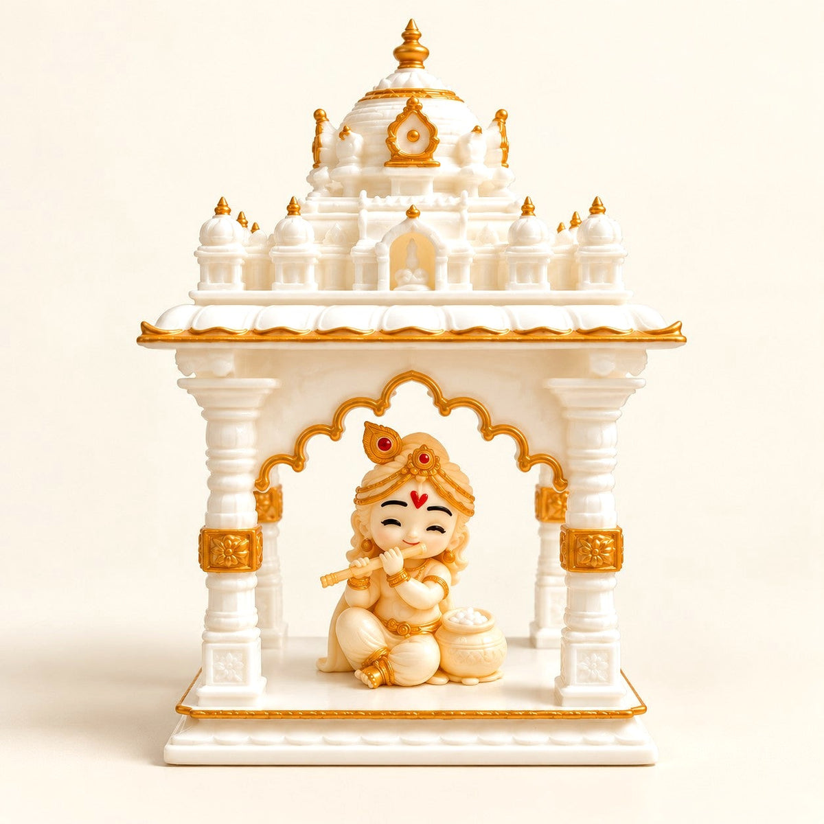Miniature white and gold temple with Bal Krishna idol – 3D printed spiritual decor