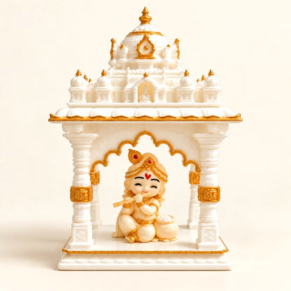 Miniature white and gold temple with Bal Krishna idol – 3D printed spiritual decor