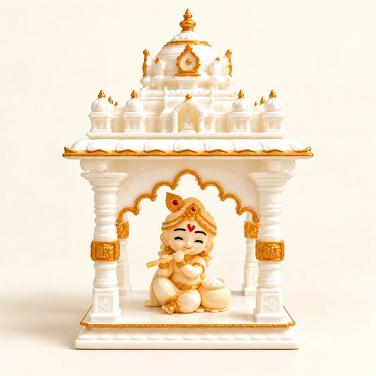 Miniature white and gold temple with Bal Krishna idol – 3D printed spiritual decor