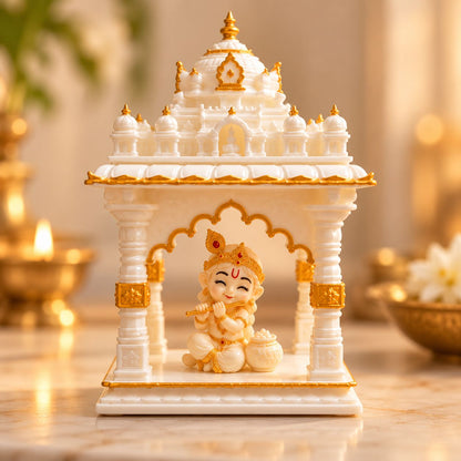 Miniature mandir with Bal Krishna idol styled in a home pooja corner
