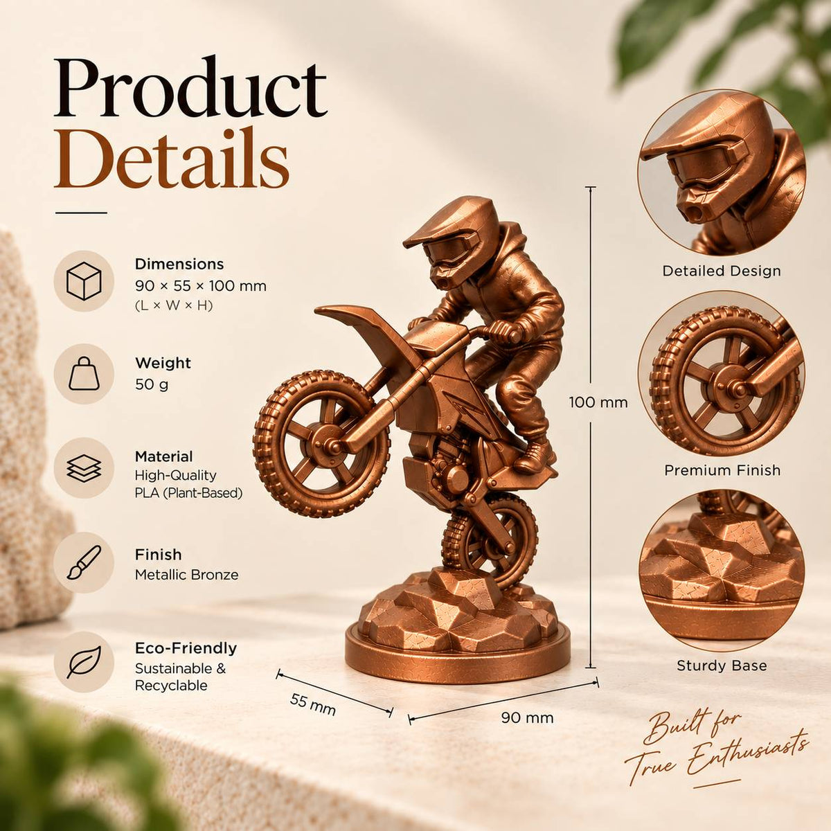 Bronze motocross rider sculpture features and size details