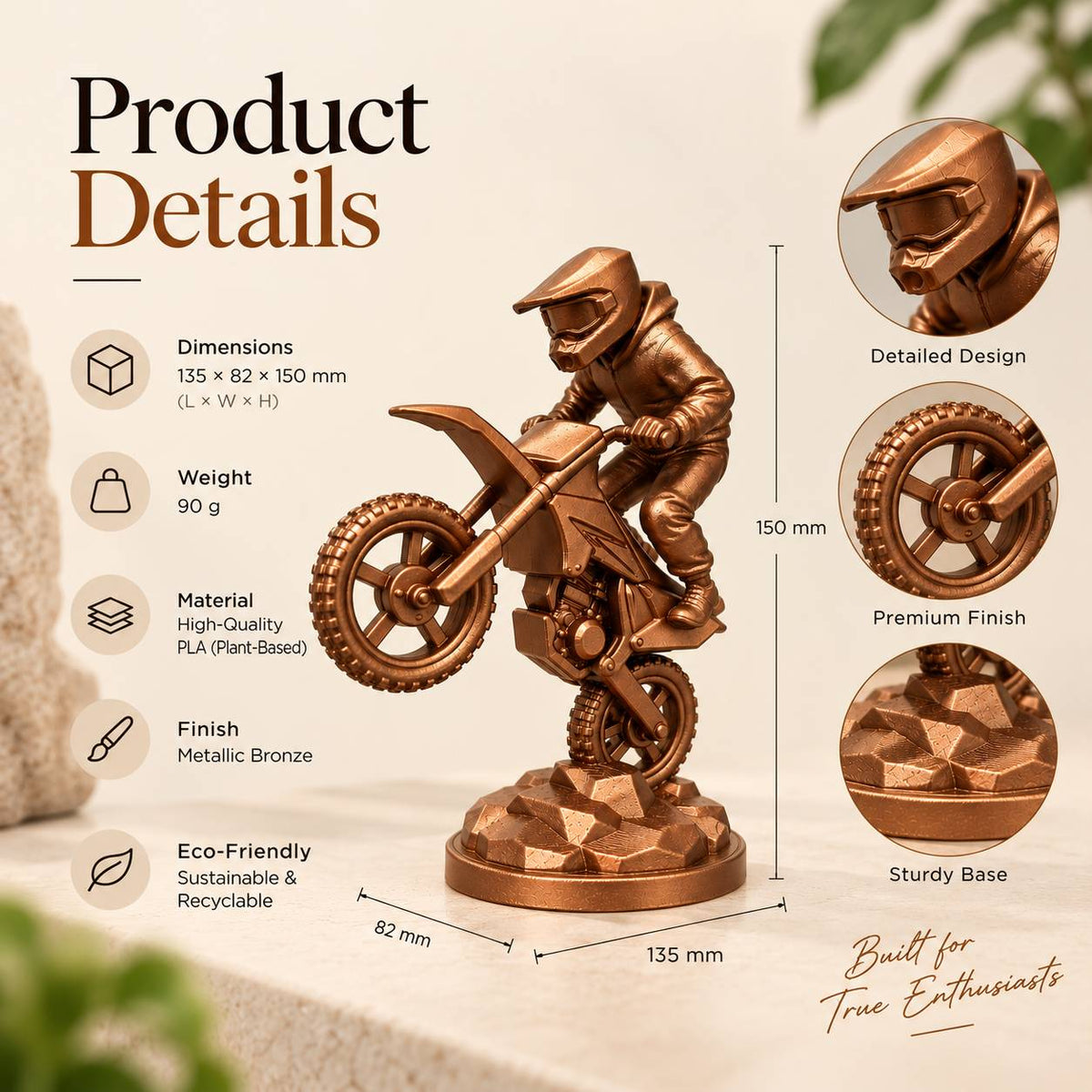 Bronze motocross sculpture product details – dimensions, weight and material