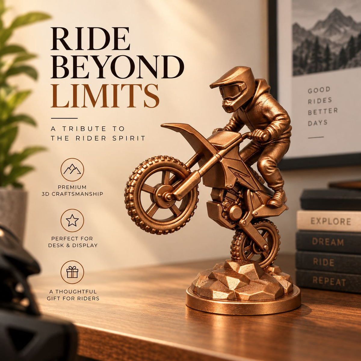 Bronze motocross bike sculpture styled on a shelf – Ride Beyond Limits