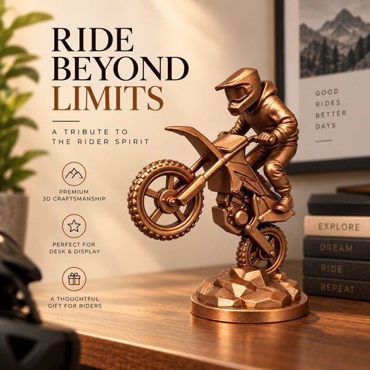 Bronze motocross bike sculpture styled on a shelf – Ride Beyond Limits