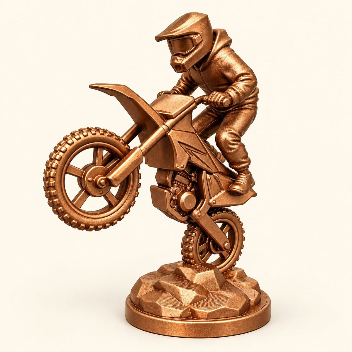 Motocross rider motorcycle sculpture in metallic bronze – 3D printed decor by Amogh's