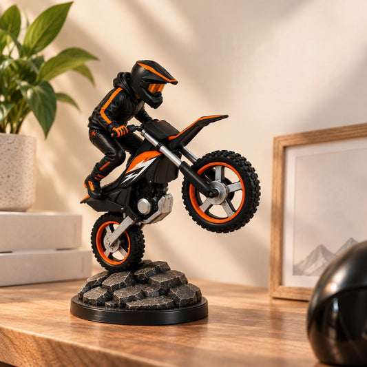 Close-up rotating view of black and orange motocross rider sculpture – 3D printed bike decor by Amogh's