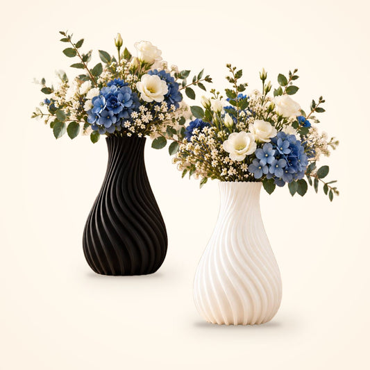 Sculpted Spiral Vase – black and white 3D printed spiral vases with fresh flowers