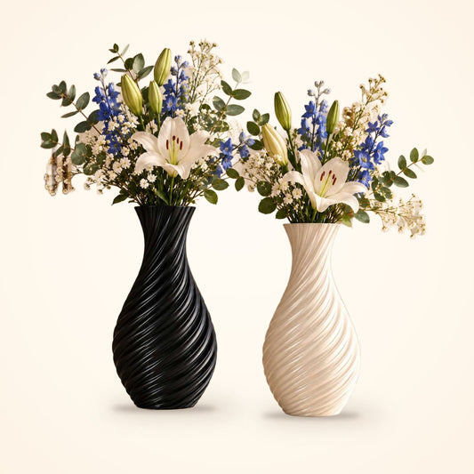 Spiral Wave Vase in Monochrome – black and white 3D printed vases with flowers